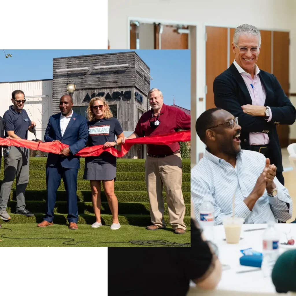 Collage of two images: one showing a group of people participating in a ribbon-cutting ceremony outside a building, and the other showing two men smiling and clapping during an indoor event.